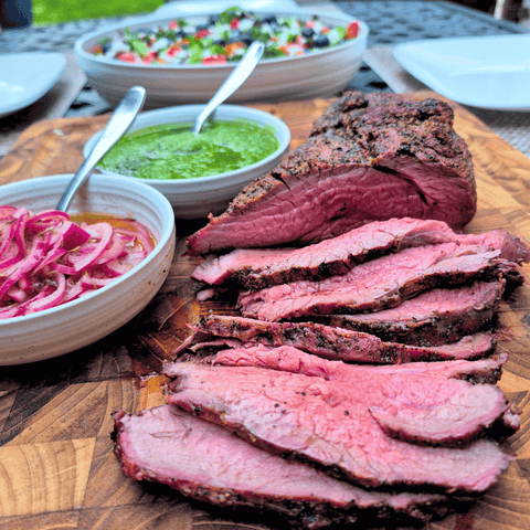 Reverse-Seared Bison Tri-Tip with Summer Salad and Pesto - Jackson Hole Buffalo Meat