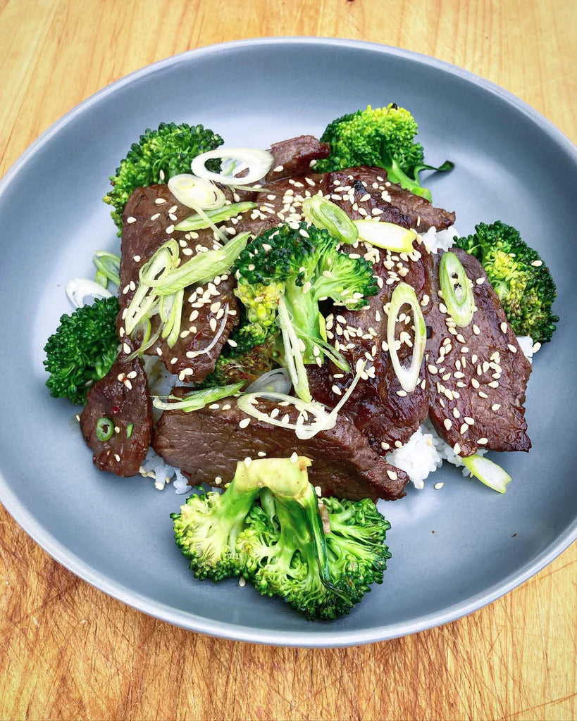 Soy and Ginger Marinated Buffalo Sirloin with Broccoli