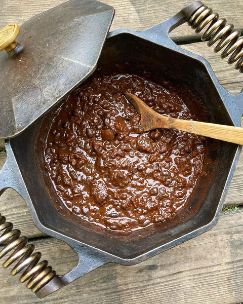 Buffalo Chili in cast iron pot 