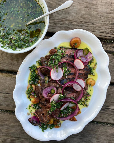 Bison on plate with chimichurri