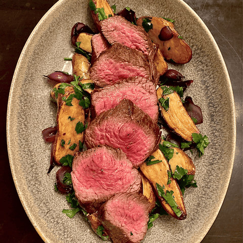 Bison Bistro Filet with fat fried potatoes and parsley verde - Jackson Hole Buffalo Meat
