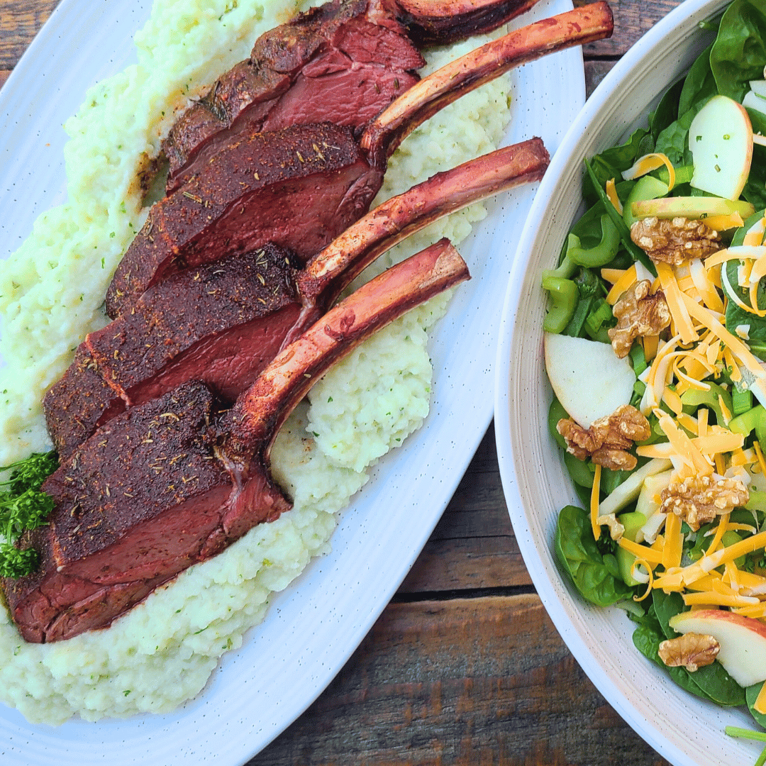 Elk Rib Rack Recipe Smoked Elk Rack with Garlic Cauliflower Mash and Spinach Salad ...