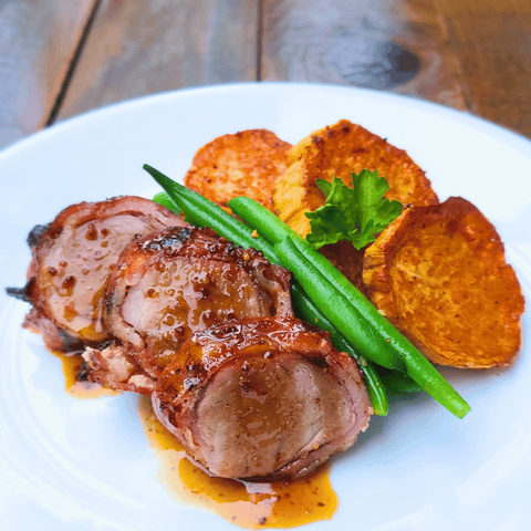 Grilled Bacon-Wrapped Boar Tenderloin with Brown Sugar Bourbon Glaze - Jackson Hole Buffalo Meat