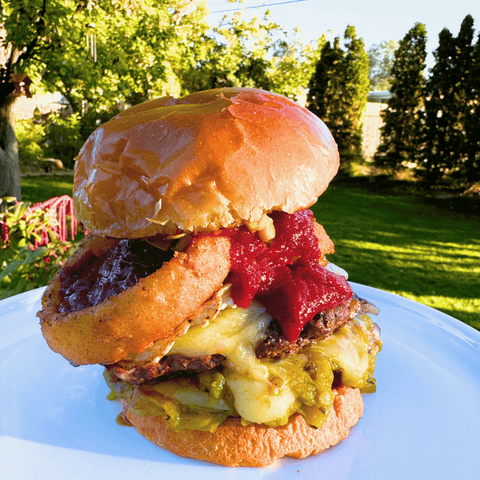 Assembled hatch chille elk burger